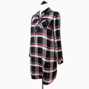 J Jill Size Petite XS Tencel Popover Shirt Dress Black Red Plaid